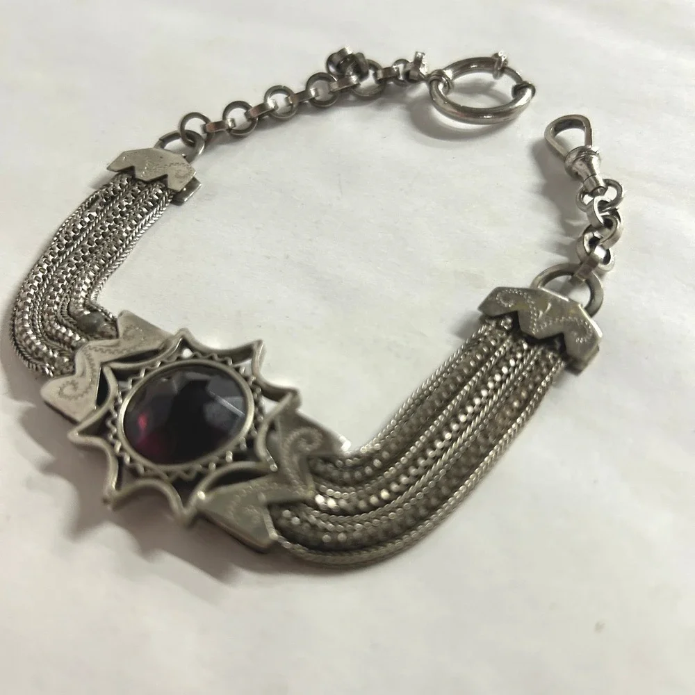 Victorian Style Pocket Watch Chain Purple Faux Amethyst Silver Goth Steampunk
